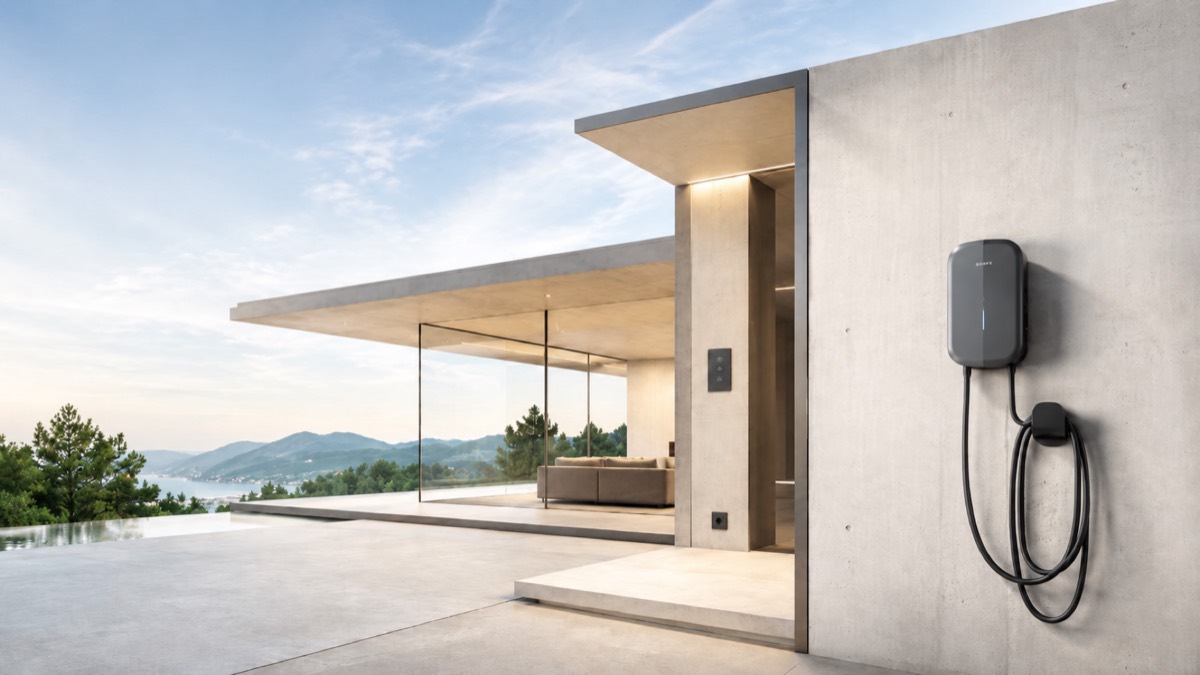 Contemporary home facade with EV charging solution